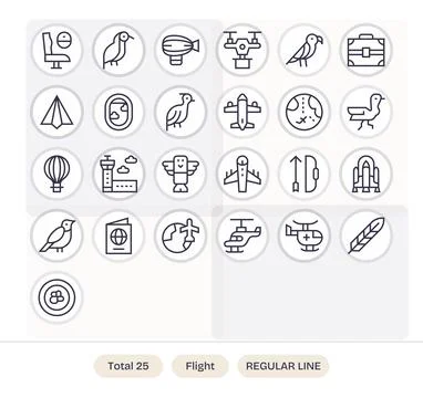 Flight Vector Icon Set with 25 Regular Line 128x128 Grid Fitted Graphics Stock Illustration