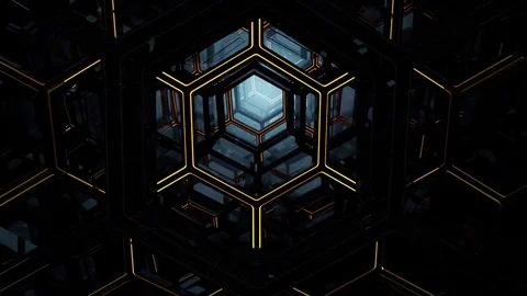 Flight of a video camera in a labyrinth tunnel with luminous yellow light. Stock Footage 75446989