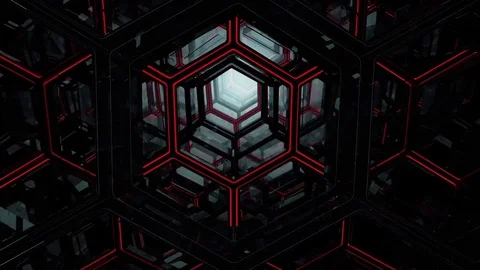 Flight of a video camera in a labyrinth tunnel with luminous red light. Video stock 75545713