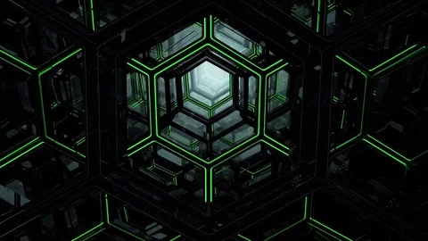 Flight of a video camera in a labyrinth tunnel with luminous green light. Video stock 75545734