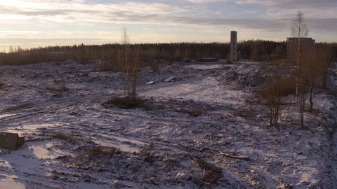 Flight in winter forest with old buildings Stock Footage 123768495