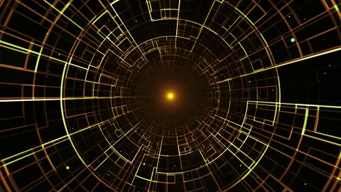 Flight in yellow digital information tunnel animation with particles. Video stock 201701267