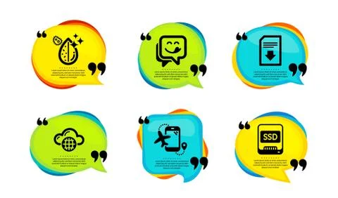 Flights application, Cloud computing and Dirty water icons set. Download file Stock Illustration