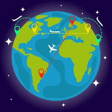 Flights between cities. Schemes of air travel on the background of the Earth. Ilustração Stock