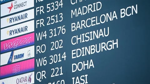 Flights information display in Bucharest Otopeni International Airport Видео 245148048