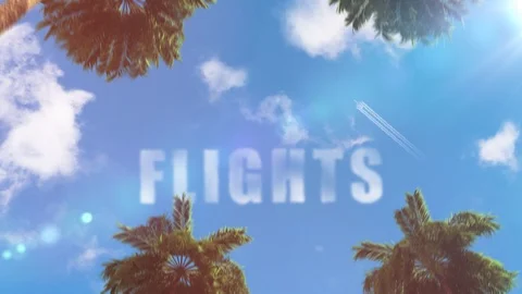 "flights" text in the sky in the form of clouds 3d animation theme of tourism Stock Footage 116791049