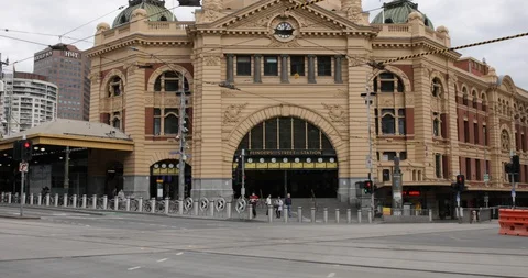 Flinders St Station and Intersection Deserted in Melbourne COVID 19 Coronavi Stock Footage 128940050