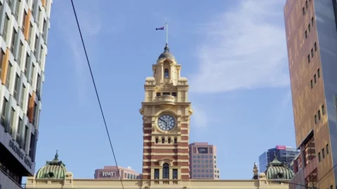 Flinders Street Station Clock Tower Under Blue Sky Stock Footage 324692702