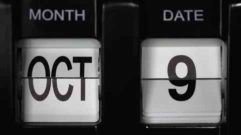 Flip calendar with a date change from eighth October to ninth October. close up. Stock Footage 271010165
