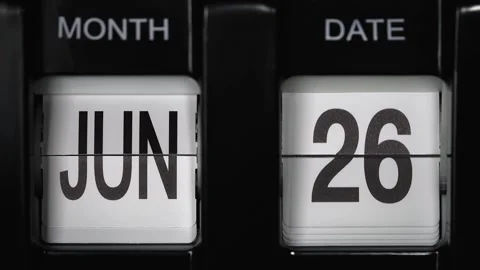 Flip calendar with date change twenty-sixth June to twenty-seventh June close up Stock Footage 268506811