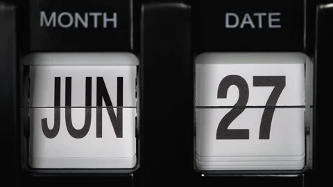 Flip calendar date change twenty-seventh June to twenty-eighth June. close up. Stock Footage 268506812