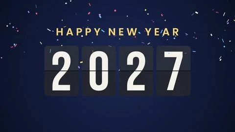 Flip clock changing from 2026 to 2027 with confetti, Happy New Year 2027 ve.. Stock Illustration