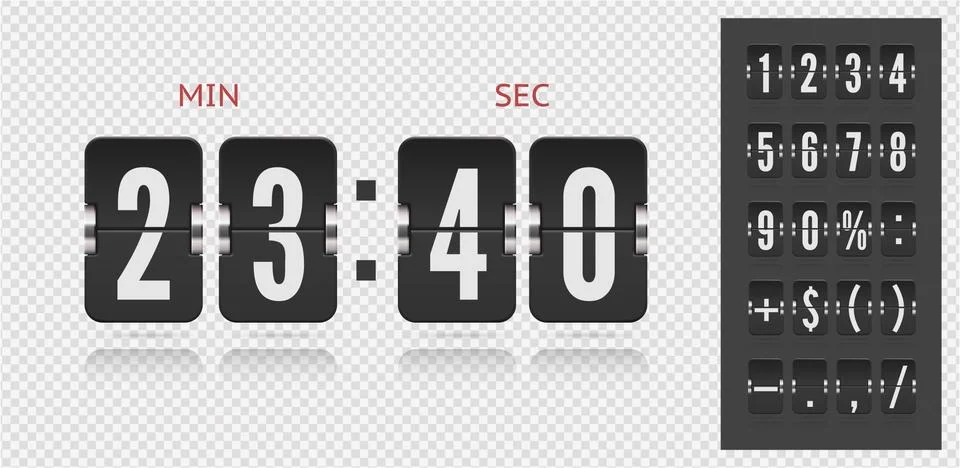 Flip countdown number on transparent vector template. Vintage clock time counter Stock Illustration