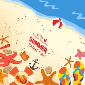 Flip-flops and shells on sand background 스톡 일러스트