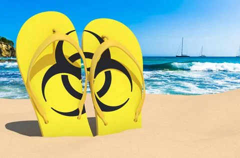 Flip flops with bio hazard flag on the beach. 3D rendering Stock Illustration
