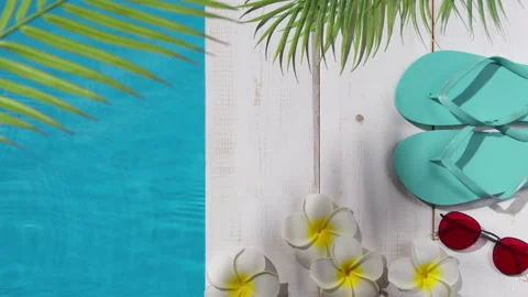 Flip flops, flowers, palm leaf and sunglasses by the pool Video stock 201528402