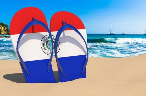 Flip flops with Paraguayan flag on the beach. Paraguay resorts, vacation, tou Stock Illustration