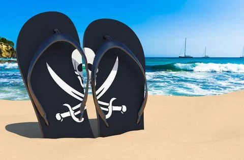 Flip flops with piracy flag on the beach. 3D rendering Stock Illustration