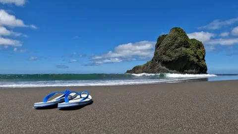Flip-flops on a sandy beach by an island on a blue sky sunny day Stock Footage 248020673