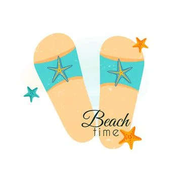 Flip flops with seashells and text Beach time. Vector illustration. Stock Illustration