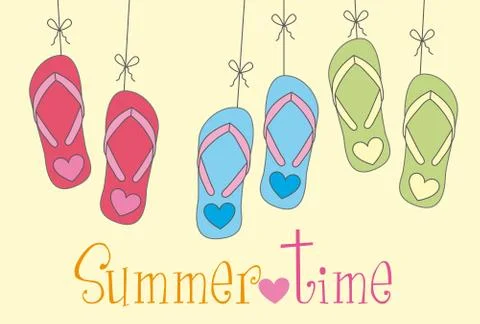 Flip flops with summer time text over yellow background. vector Stock Illustration