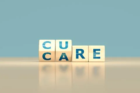 Flip letter cubes and changes the word "CARE" to "CURE" - 3d render Stock Illustration