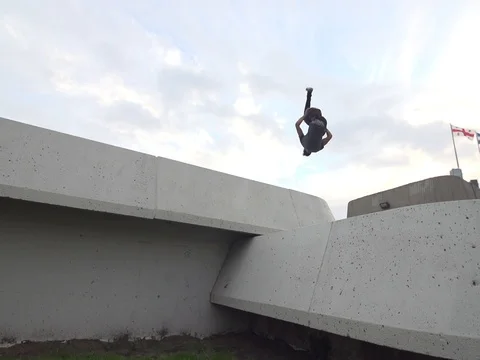 Flip Parkour Awesome Line Down Concrete Terraces Stock Footage 80164576