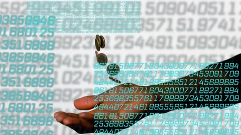 Flip sending coins rising through number overlay, hand catching and showing Stock Footage 333648804