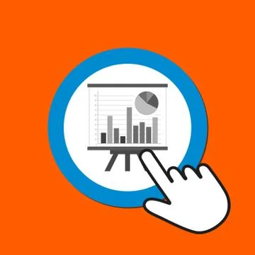 Flipchart with data icon. Statistics concept. Hand Mouse Cursor Clicks the Bu Stock Illustration