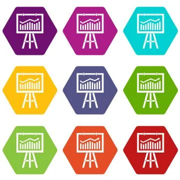 Flipchart with marketing data icon set color hexahedron Stock Illustration