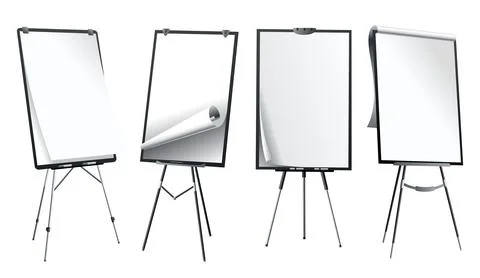 Flipchart mockup set at different angles. Presentation and seminar whiteboard Stock Illustration