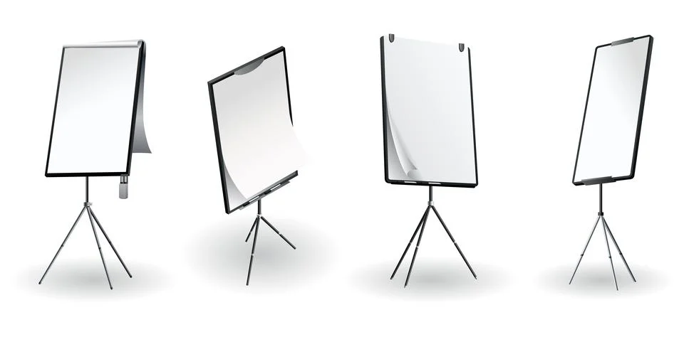 Flipchart mockup set at different angles. Presentation and seminar whiteboard Stock Illustration