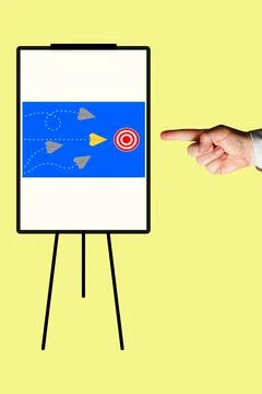 Flipchart showing an image with paper planes aiming at a target. イラスト素材