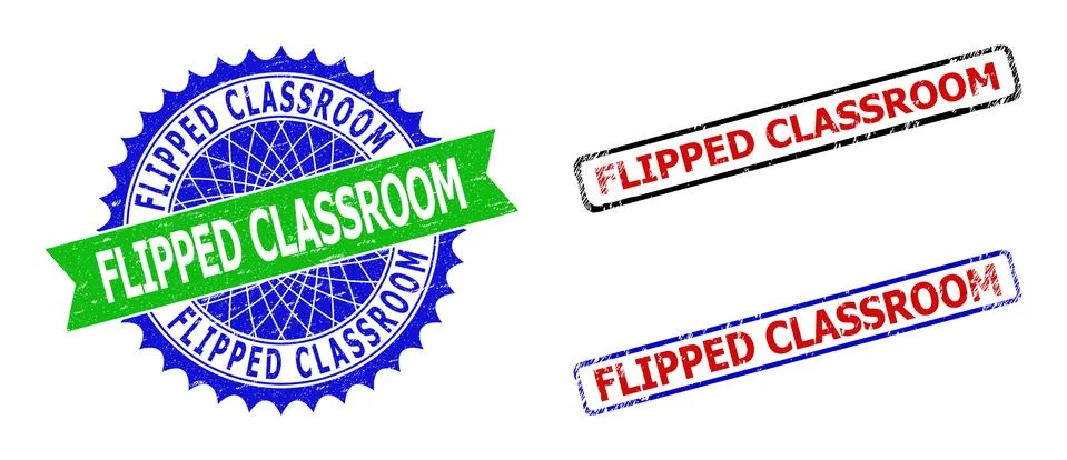 FLIPPED CLASSROOM Rosette and Rectangle Bicolor Stamps with Unclean Textures Stock Illustration