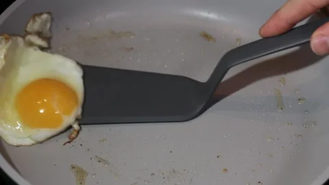 Flipping Fried Egg With Spatula In Frying Pan Stock Footage 328916417