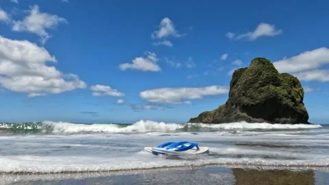 Flips-flops floating on a wave on a sandy beach on a summer day Stock Footage 248020682