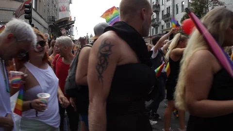 Float and crowds at Euro Pride parade in Stockholm 2018 Stock Footage 93293916