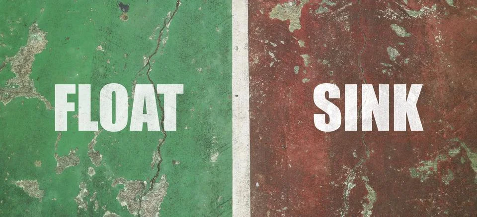 FLOAT and SINK text in white bold font, separated by a white vertical line .. Stock Photos