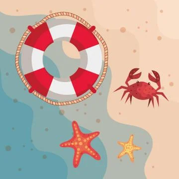 Float with crab and starfishes in the beach sand Illustrazione stock
