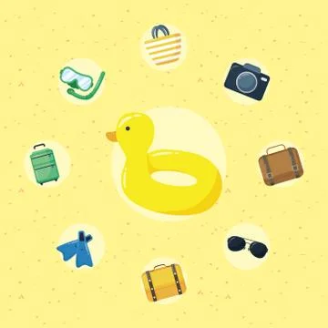 Float ducky beach and flat style set icons Illustrazione stock