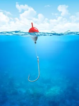 Float, fishing line and hook underwater Stock Illustration