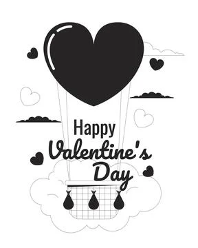 Float hot air balloon on Valentines day monochrome greeting card vector 스톡 일러스트
