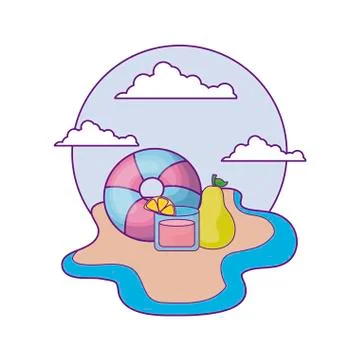 Float with juice and pear fruit in beach Illustrazione stock