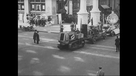 Float in parade followed by Red Cross ambulance - 1918 Stock Footage 83702137