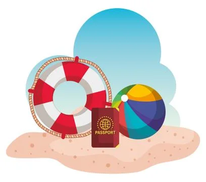 Float with passport and beach ball in the sand Stock Illustration