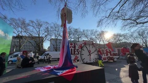 A float with peace dove skewered by a Russian flag. Because of the war in Stock Footage 172020000