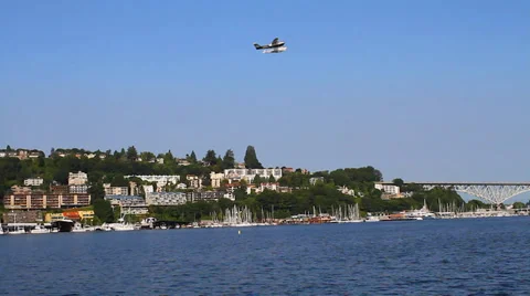 Float plane flying off Seattle union lake 2 Stock Footage 37418934