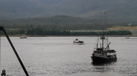 Float planes and fishing trawler Stock Footage