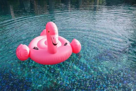 Float in shape of flamingo in swimming pool outdoors 写真素材