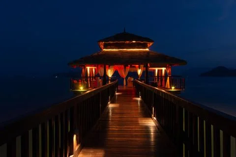Float, a special dinning area at the Westin Langkawi at night Stock Photos
